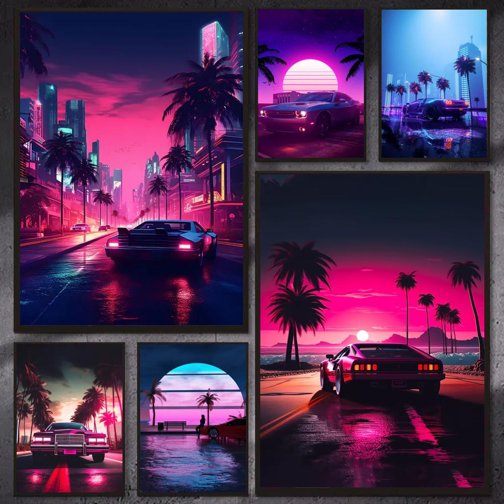 Retro Gaming Wallpaper - Poster Kota Mobil Retro Cyberpunk 80-an