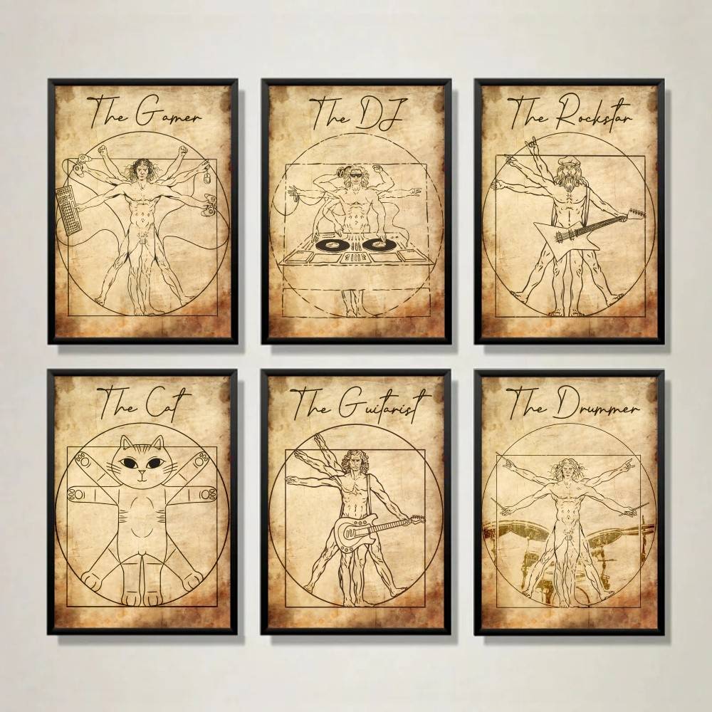Retro Gaming Wallpaper - Poster Kucing Gamer Musik Gaya Vitruvian