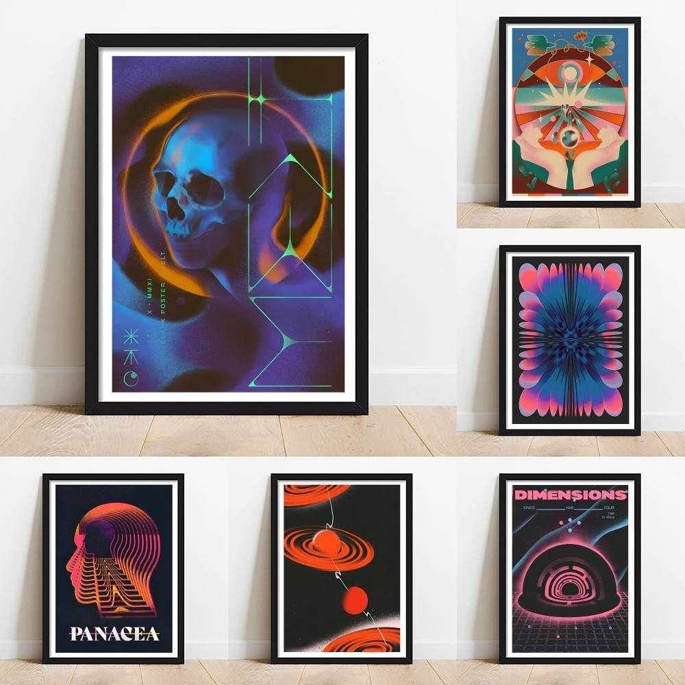 Retro Gaming Wallpaper - Poster Ruang Angkasa Tengkorak Gradien Psikedelik