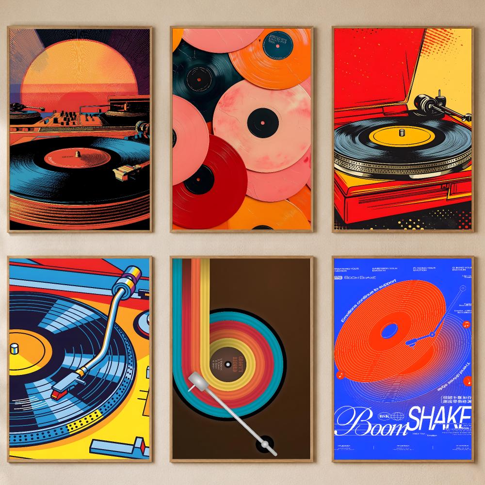 Retro Gaming Wallpaper - Poster Pemutar Piringan Hitam Retro Berwarna-warni,