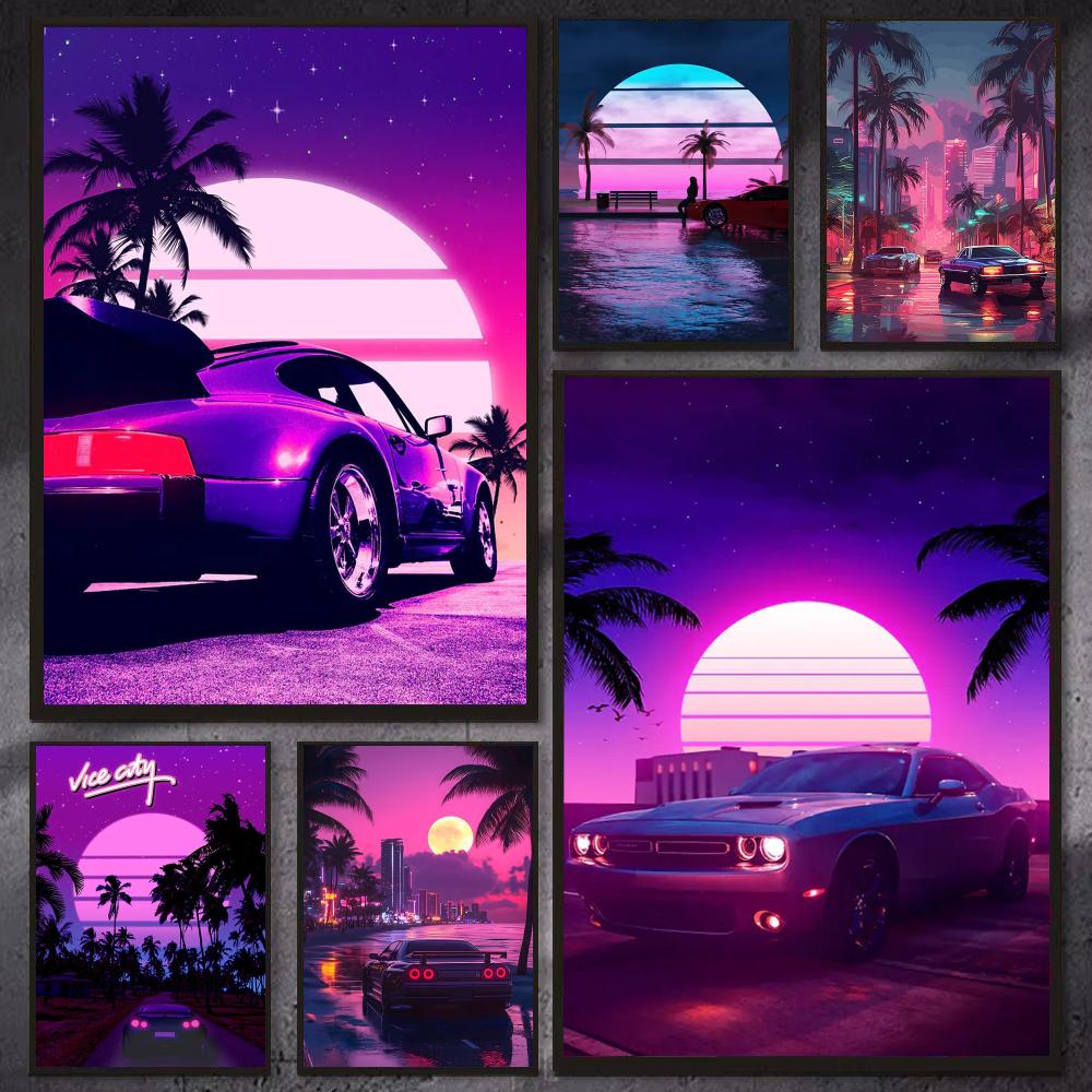 Retro Gaming Wallpaper - Poster Kota Mobil Retro Cyberpunk 80-an